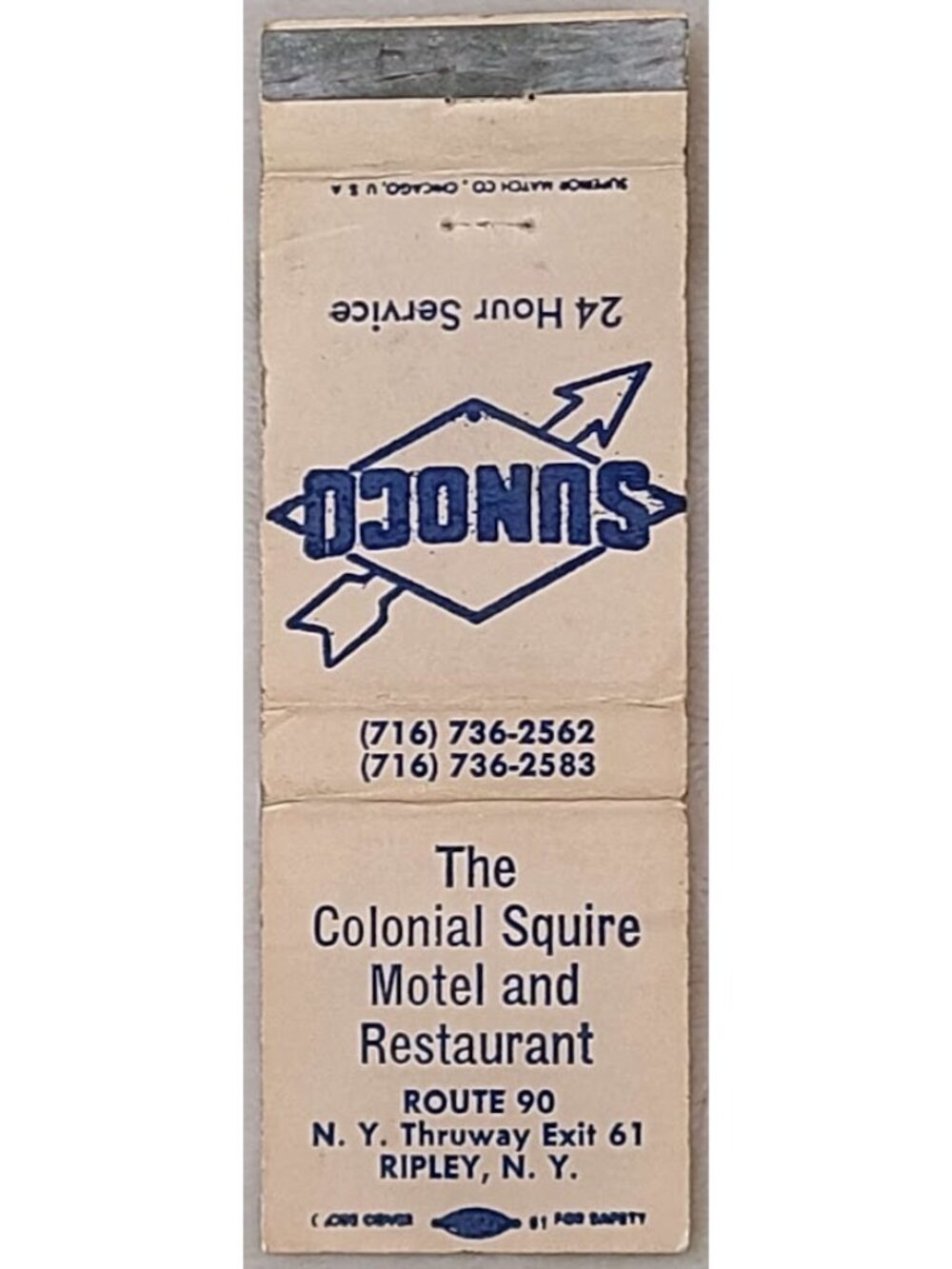 Vtg Matchbook Cover Colonial Squire Motel Restaurant Ripley NY Sunoco Oil Gas